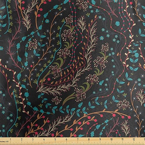Ambesonne Floral Fabric by The Yard, Colorful Herbs and Flowering Stems on Dark Backdrop Nature Coming Alive in Spring, Decorative Satin Fabric for