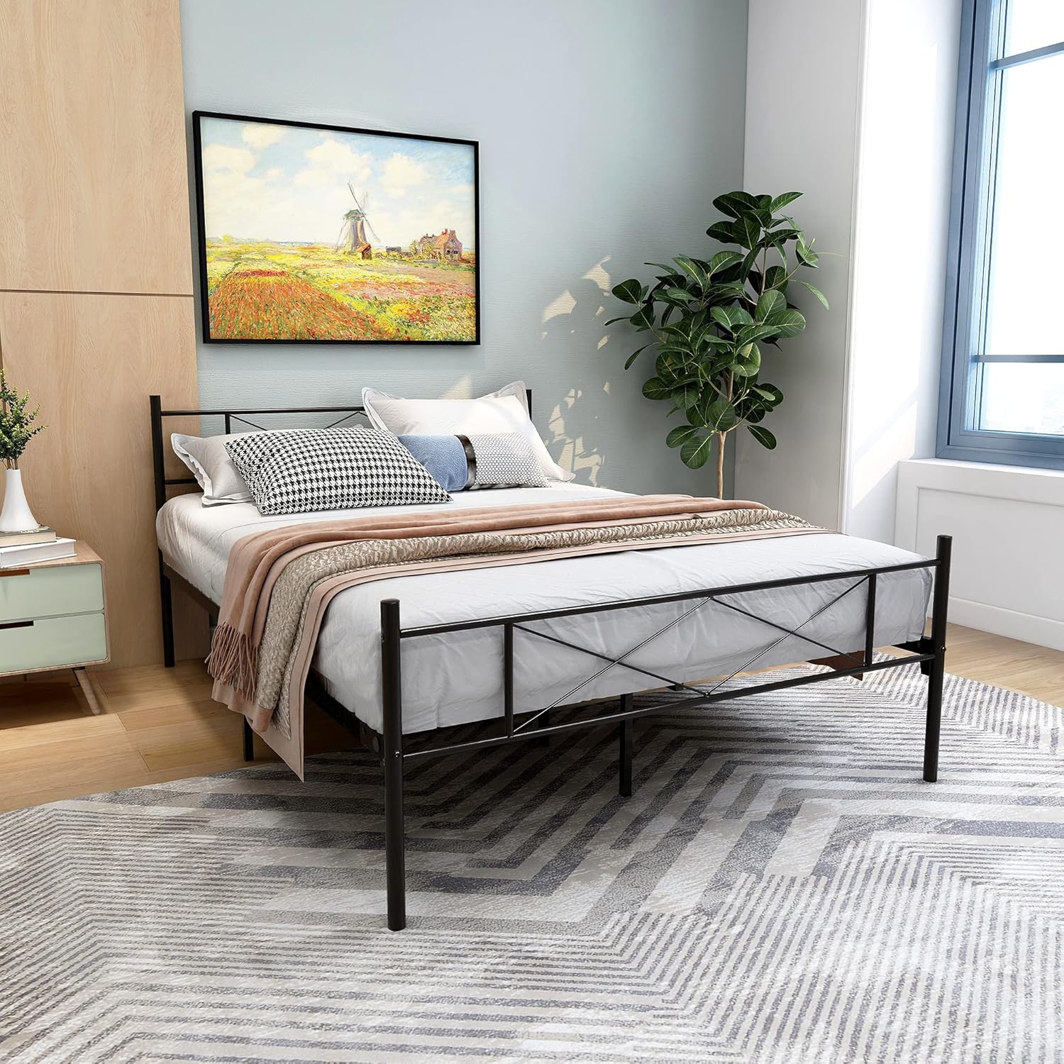 Metal Bed Frame with Headboard and Footboard Single Platform Mattress Base,Metal Tube and Iron-Art Bed (Black, Full)