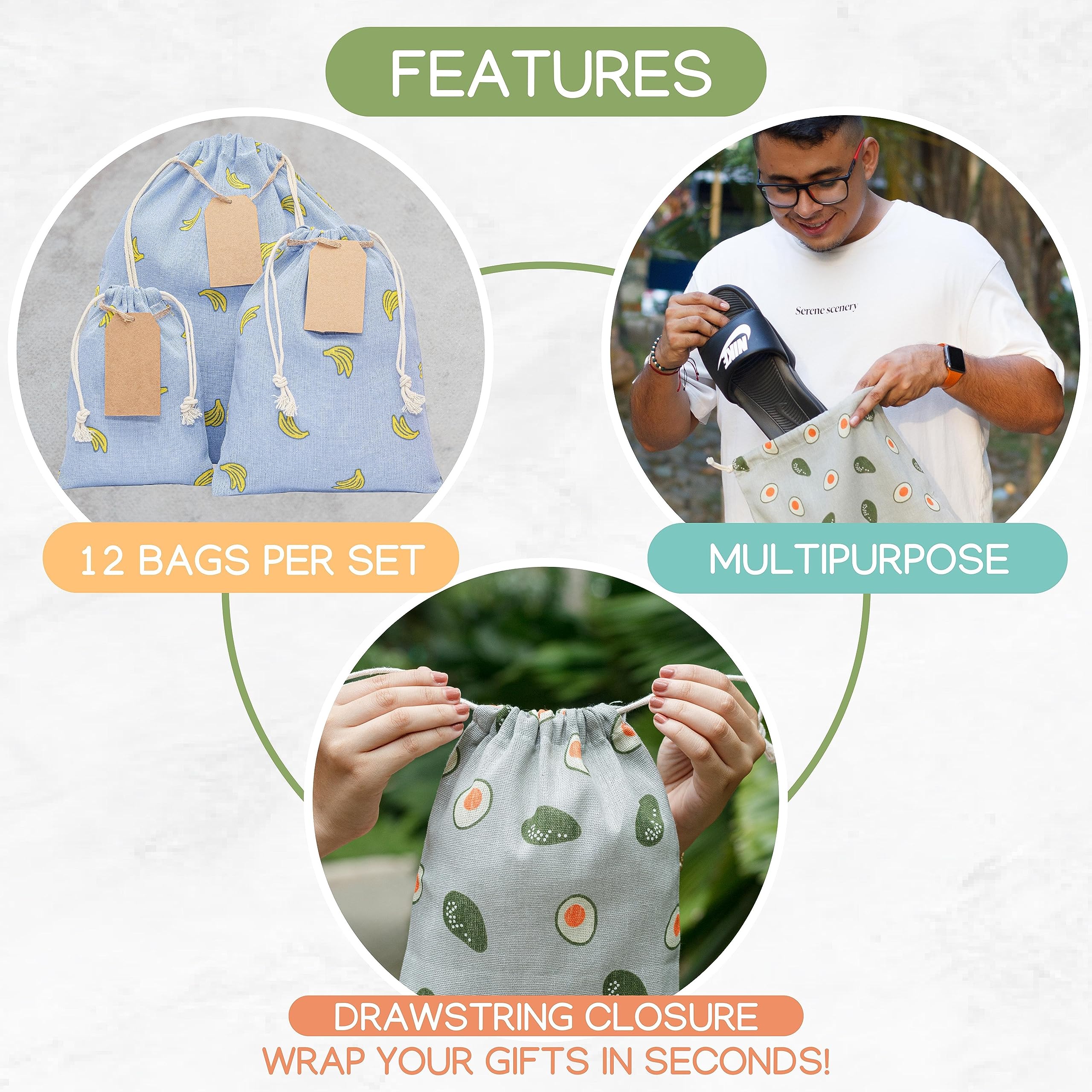 Sacs Cadeaux De Noël Réutilisables Avec Cordon - Imprimé Champignon Magique, Taille M (21x30cm) Et S (12x17cm)