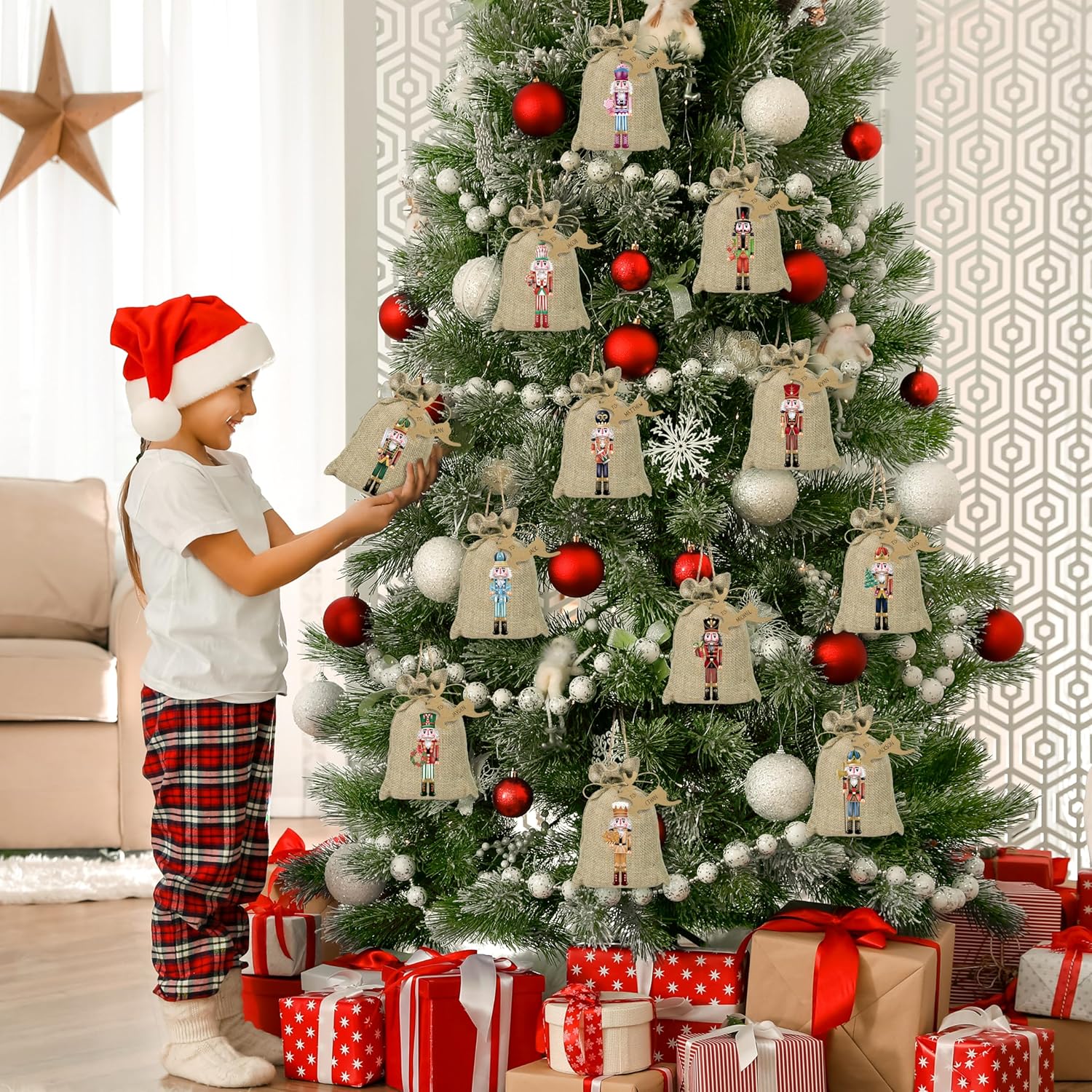 BORAMDO Christmas Nutcracker Linen Wrapping Bags, 24Pcs, Watercolor 12 Designs, Small Treat Candy Bags for Holiday Party Favor Supplies - Image 4