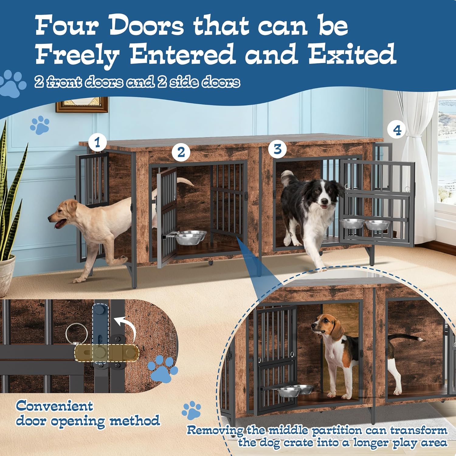 Grepatio 63" Double Dog Crate Furniture for 2 Dogs, Large Dog Kennel with 360° Rotating Feeder Bowls, Indoor Double Dogs Crates with 4 Doors, Wooden Crate TV Stand with Removable Divider