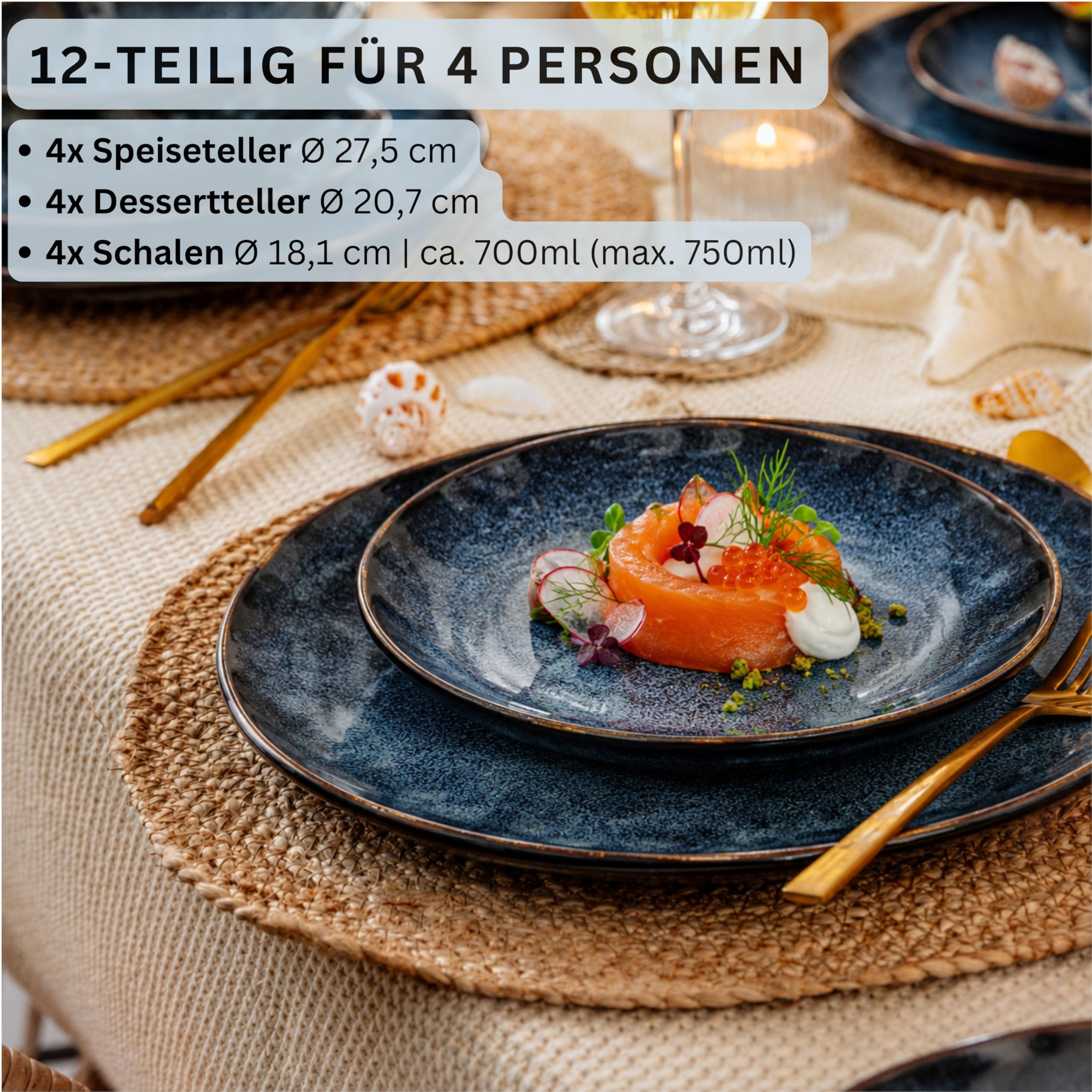 Sänger | Teller Set Tokio 12 tlg, Steingut Geschirrset 4 Personen, Tafelservice inkl. Speiseteller Kuchenteller & Schüssel Set, Speiseservice Dunkelblau mit Schwarzen Akzenten | PREMIUM COLLECTION