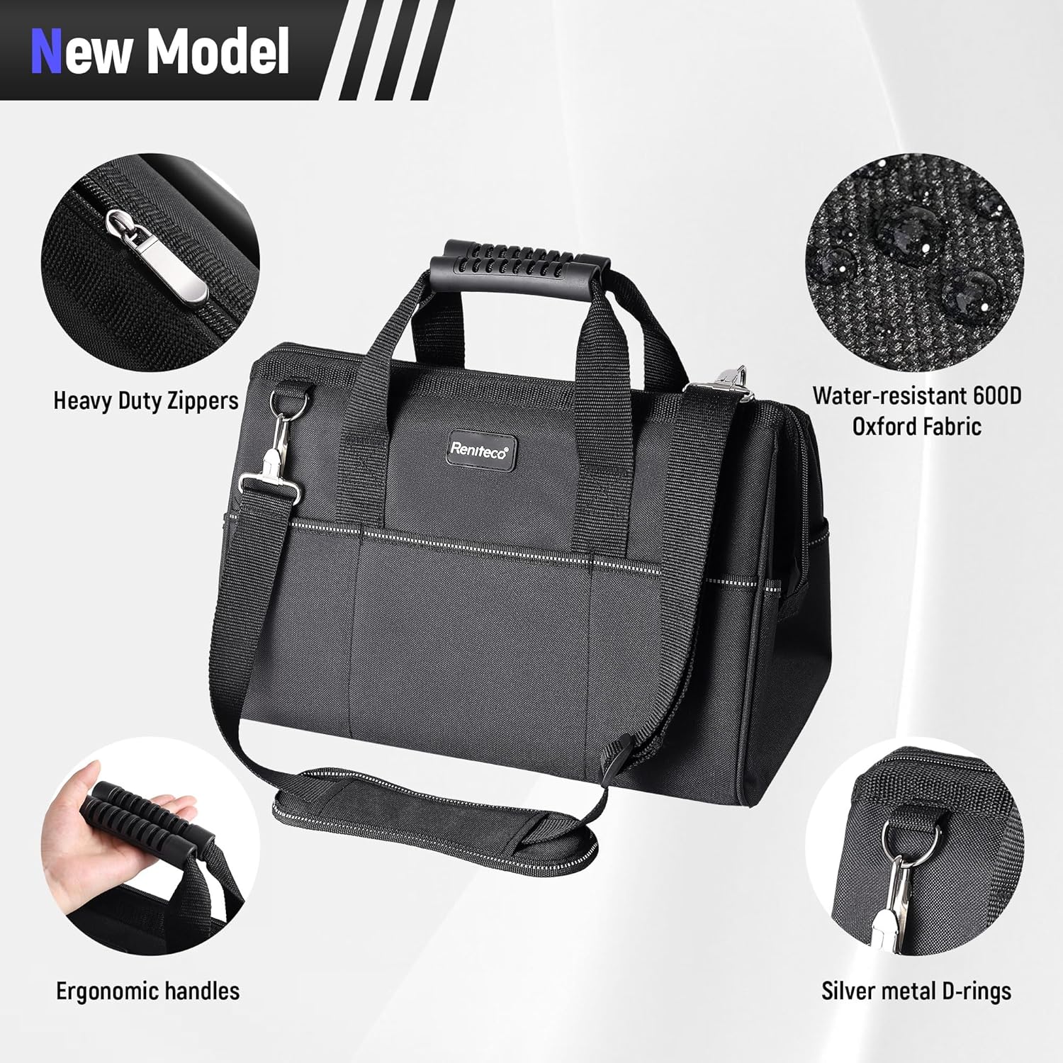Reniteco 16 inch Heavy Duty Tool Bag for Work | Father's Day Bitthday Gift for Dad | Waterproof Oxford Fabric, Wide Mouth Design, Multi-Pocket Organizer with Padded Strap (Black)