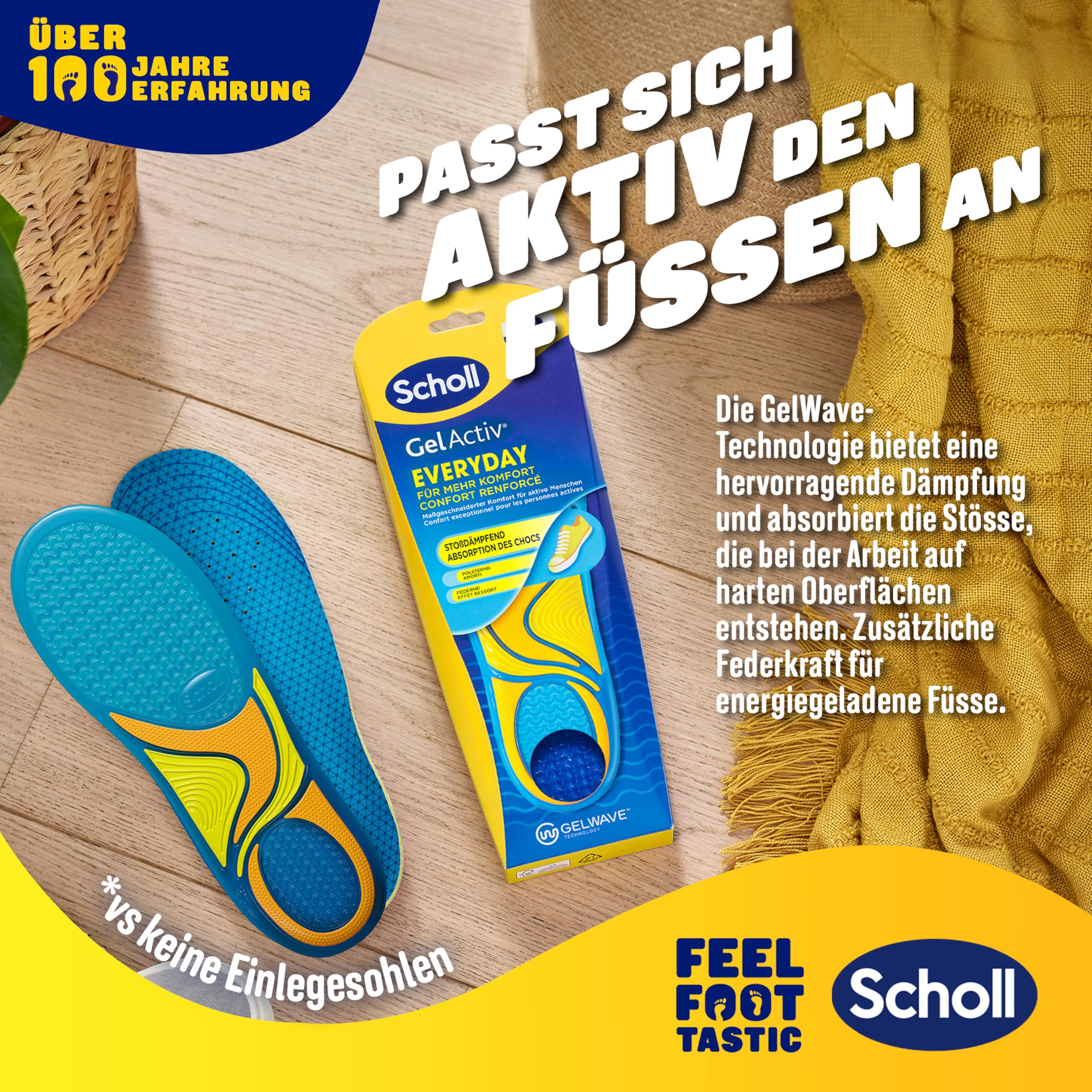 Scholl GelActiv Everyday wkładki dla mężczyzn, komfortowe stopy przez cały dzień, amortyzacja z pianki z pamięcią kształtu i technologia GelWave dopasowują się do stóp i zapewniają najwyższy komfort