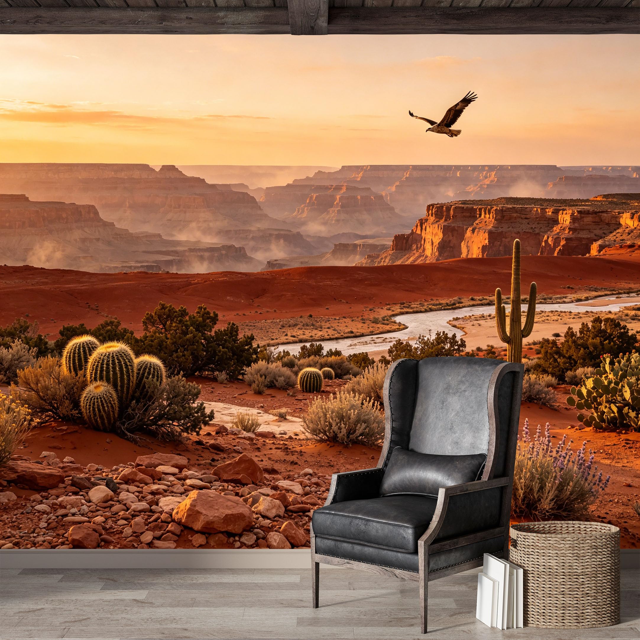 Custom Size Wall Mural,Desert Landscape Canyon Eagle Sunset Panoramic Premium Water Activated SelfAdhesive Wallpaper,Removable Wall Covering,Easy DIY Install Wall Art for Indoor Home Decor