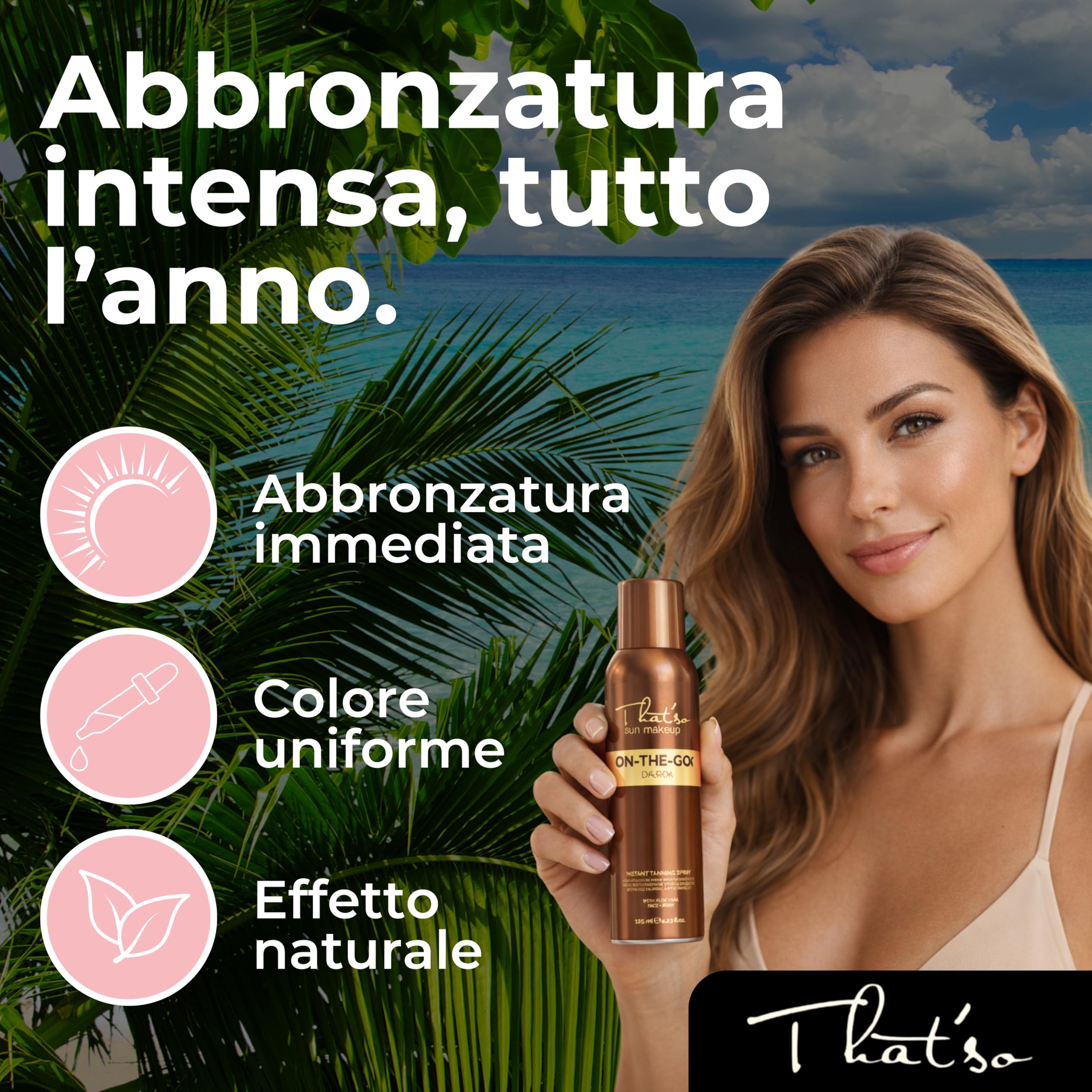 That’so Spray Autoabbronzante Viso e Corpo 125 ml On The Go Dark Abbronzatura Istantanea Naturale Effetto Bronze, Lunga Durata, con DHA da Canna da Zucchero, Aloe Vera e Peptide Anti-Età