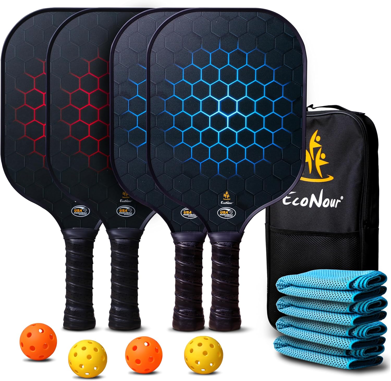 econour pickleball paddles set of 2/4 | usapa approved fiberglass surface pickleball set with 4 pickleballs | 2 cooling towels and pickleball racket storage bag black (4 pack)