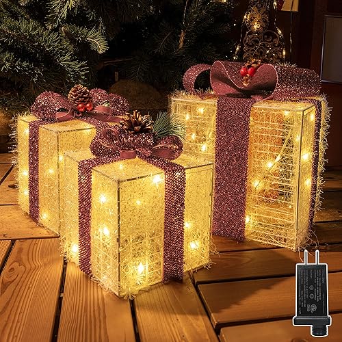 Miniatura 9 de Juego de 3 cajas de regalo iluminadas de Navidad, 60 luces LED blancas cálidas preiluminadas, adornos de Navidad, cajas de regalo para fiestas,