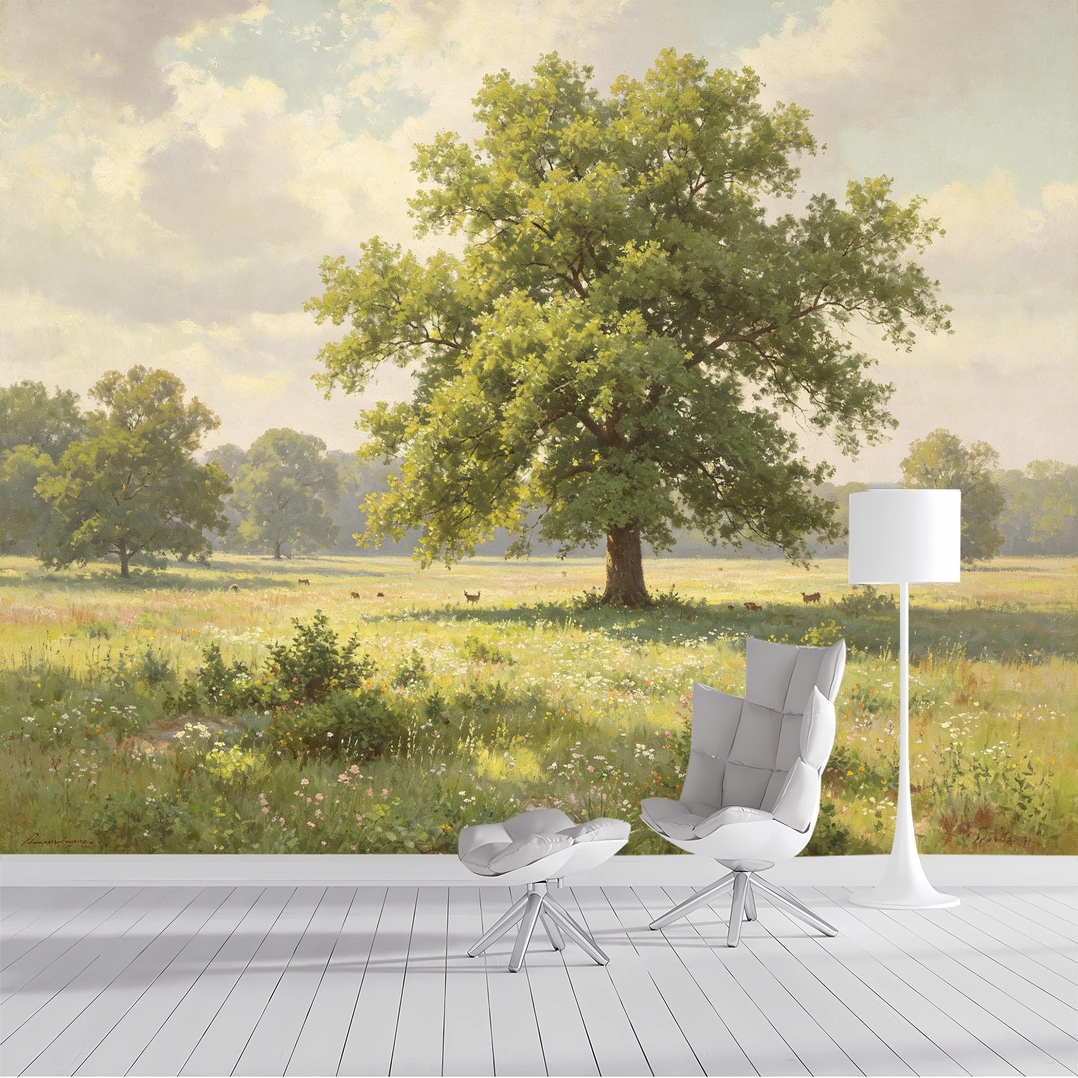 Custom Size Wall Mural Pastoral Meadow Deer Oak Tree Oil Painting Landscape SelfAdhesive Wall Fabric Removable Peel and Stick Wallpaper Wall Decor for Living Room Bedroom Bathroom