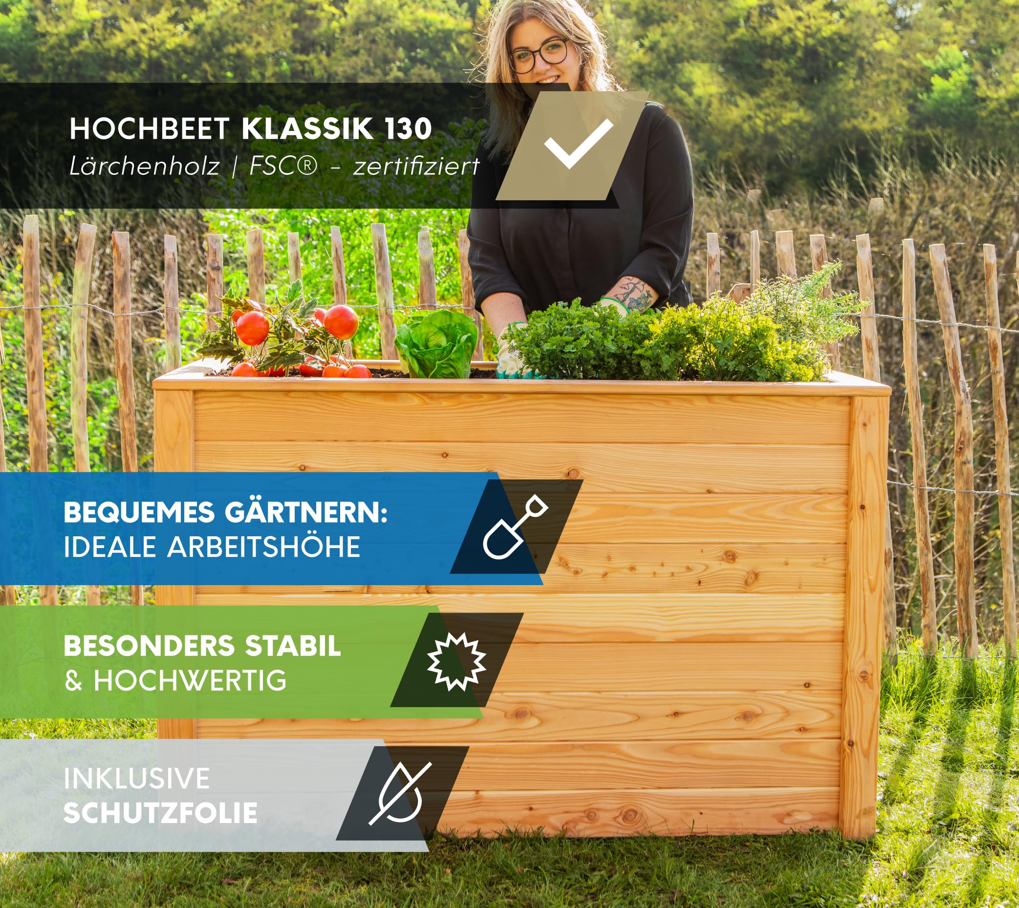 WESTMANN Hochbeet aus Lärchenholz | 130x65x84 cm Natur | Kräuterbeet für den Außenbereich | Holzhochbeet zum Bepflanzen von Gemüse & Kräutern