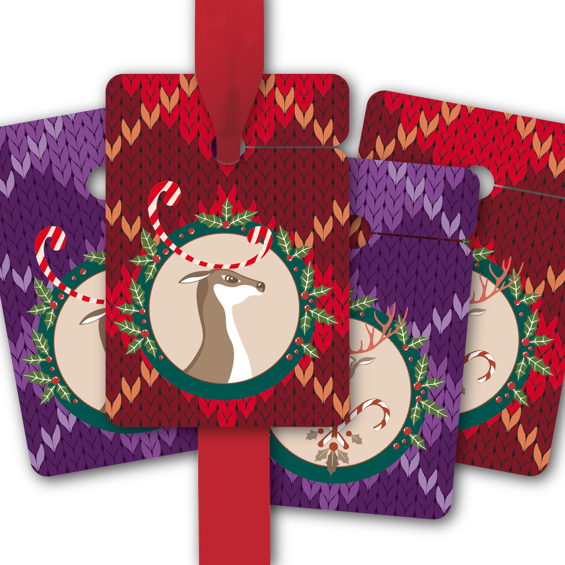 Designer Weihnachts Geschenk Anhänger | Papieranhänger | Geschenkkarten (64Stk) zu Weihnachten mit lustigen Hirschen auf Strickmuster