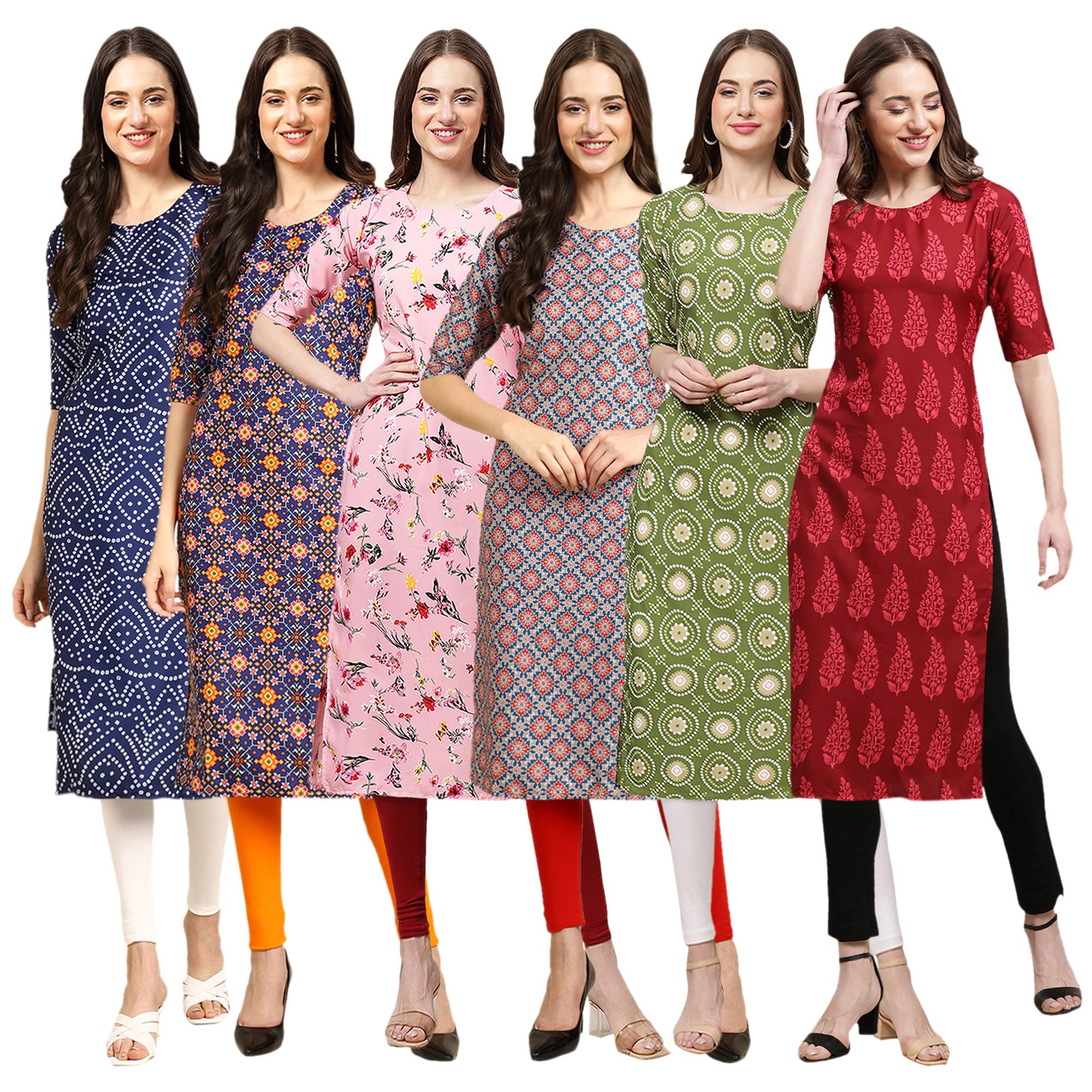 Pinkmint Women's Crepe Digital Print Straight Kurta(Pack Of 6)[Qv-366-369-339-372-338-337-Xl]