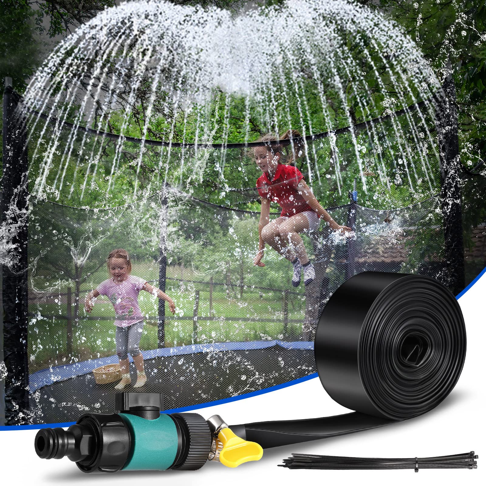 Trampoline Sprinkler for Kids with 39.4ft LED Trampoline Lights 39 ft Long Outdoor Trampoline Water Sprinkler with Remote Control Trampoline Rim LED Light for Outdoor Water Games Yard (Water Whirl)