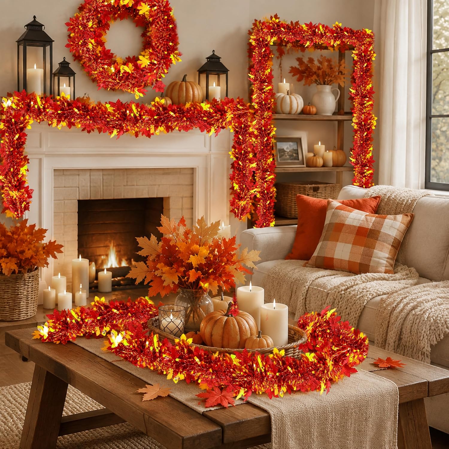 Fall Leaves Garland for Thanksgiving Decorations 52.5Ft Autumn Glitter Tinsel Leaf Thanksgiving Decor for Office Classroom Fall Party Autumn Indoor Outdoor Seasonal Home Decor