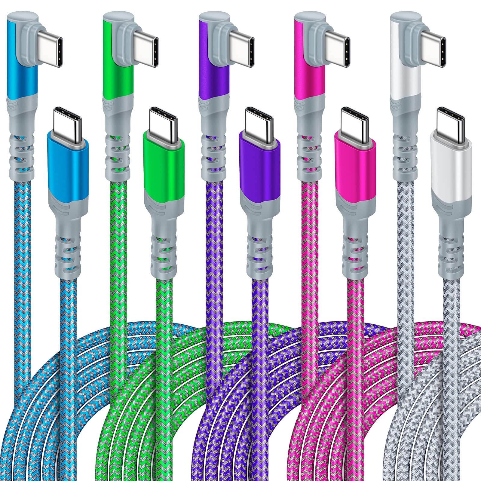 Confezione da 5: cavo da USB C a USB C, 3 m, extra lungo, ad angolo retto, 60 W/3 A, da tipo C a tipo C, cavo di ricarica veloce compatibile con Samsung S22 Ultra, Google Pixel 6, iPad Pro 12.9 Air