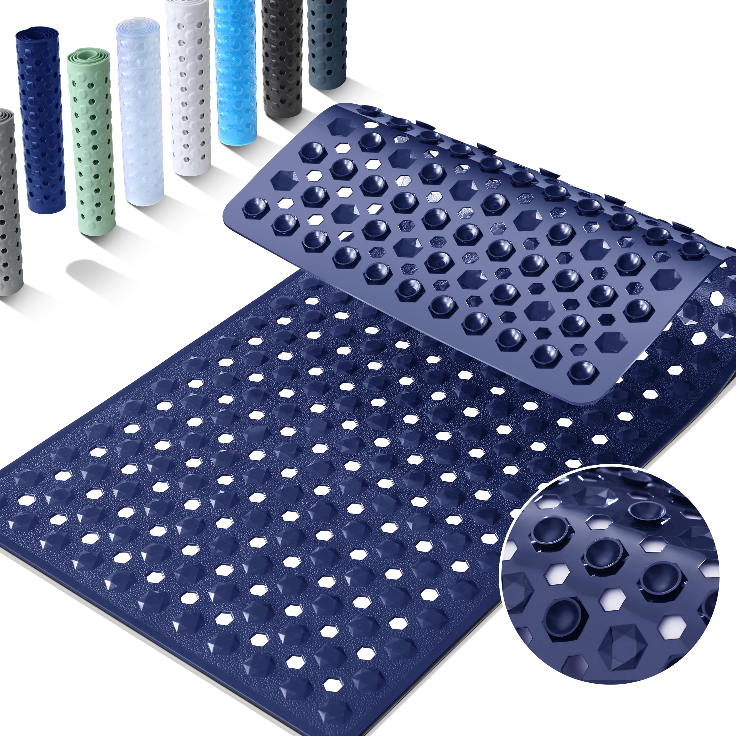Yimobra Bathtub Mat Non Slip, 27.5"X15.5" Machine Washable Shower Floor Mat, Soft on Feet, Bathmat with Drain Holes and Suction Cups, Bathroom Essentials, Dark Blue