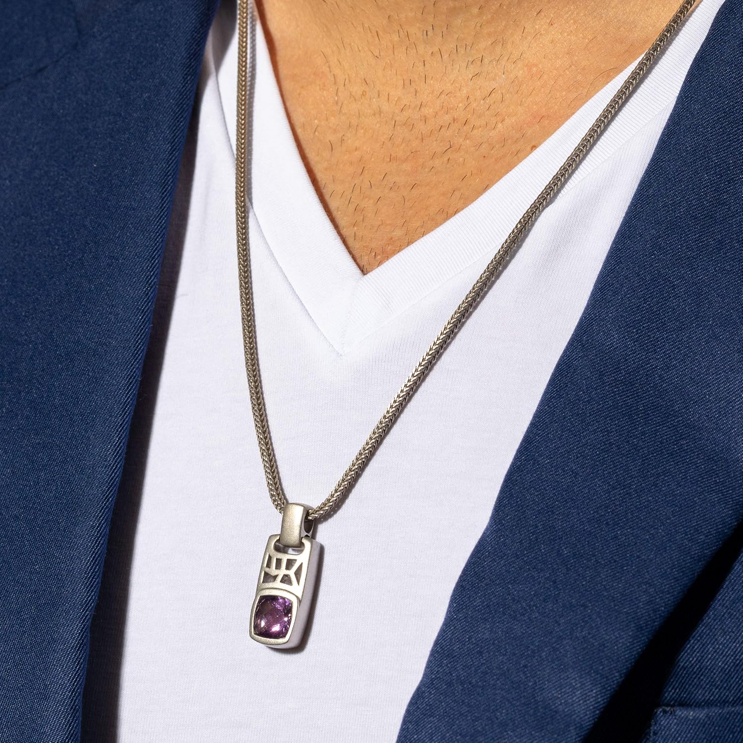 PEORA Amethyst Tag Pendant Necklace for Men in Sterling Silver, 2.75 Carats Cushion Cut, Brushed Finished, with 22-Inch Italian Chain, Men's Amethyst Necklace, February Birthstone Necklace