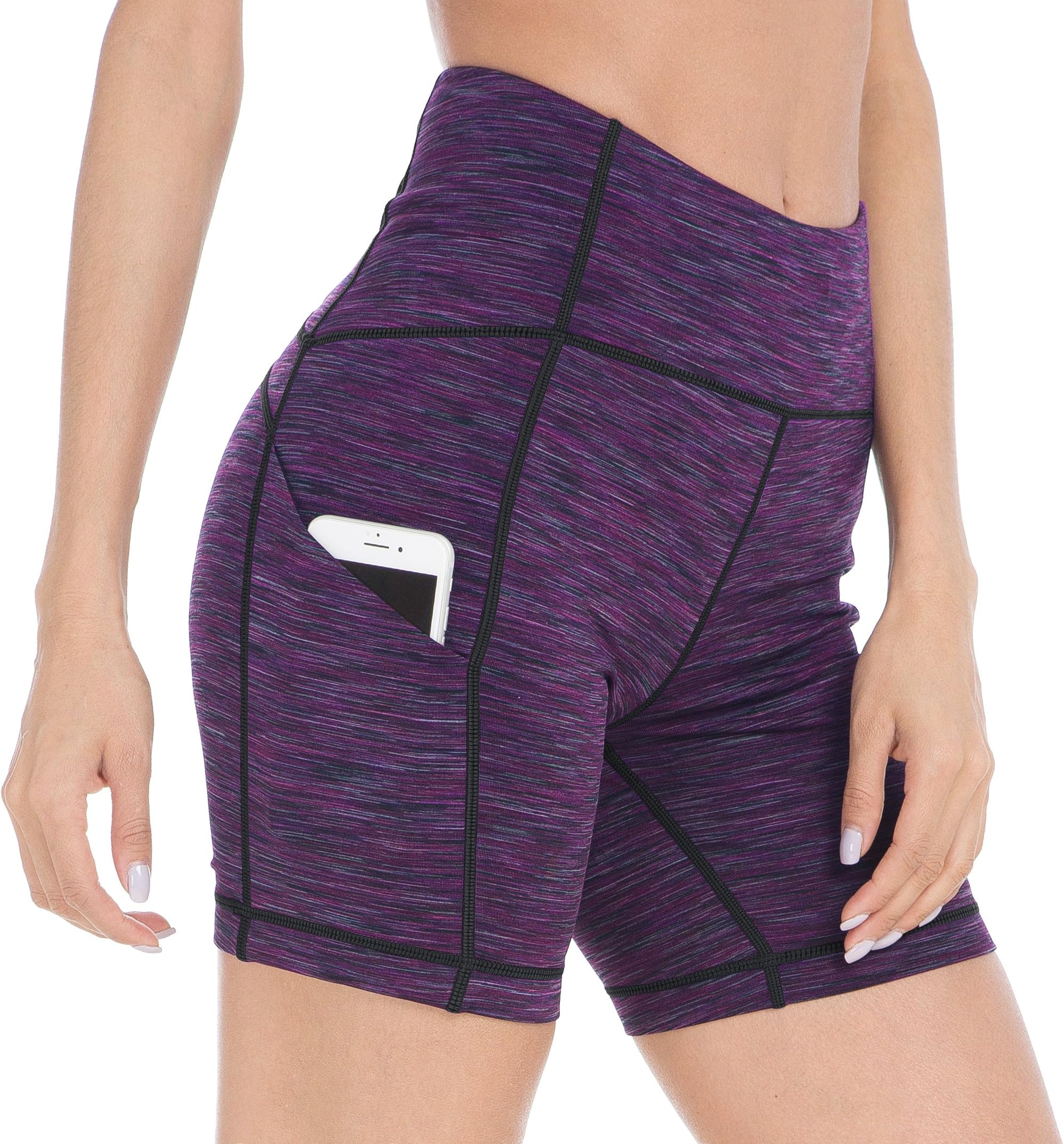Queenie Ke Women 6-inch Inseam Power Flex Heigh Waist 3 Phone Pockets Running Shorts Workout Fitness Leggings - Tummy Control Size XL Color Space Dye Purple