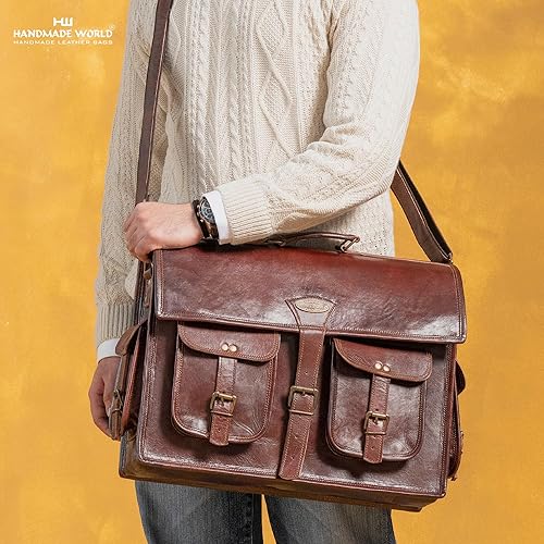 Miniatura 7 de Handmade World Bolso bandolera de cuero para computadora portátil para hombres y mujeres 'The Alpha' Maletín de computadora para oficina y negocios