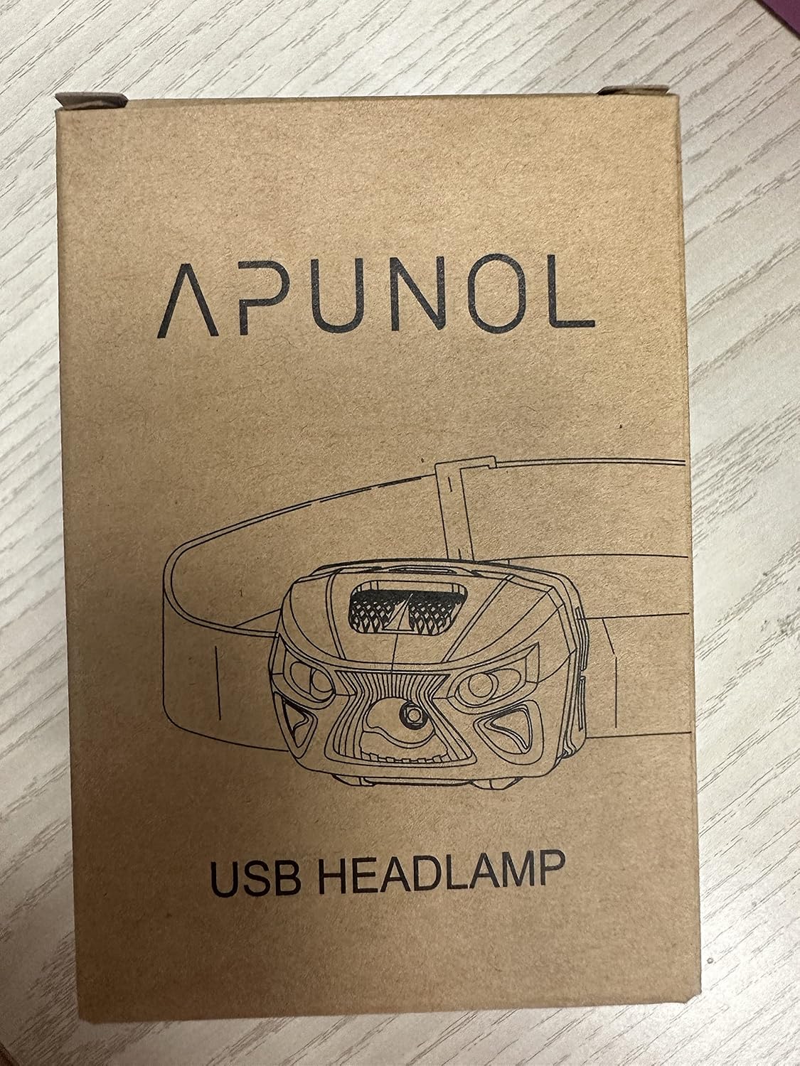 Side of the APUNOL USB Headlamp product box with a barcode and product identifier X000V7224H.