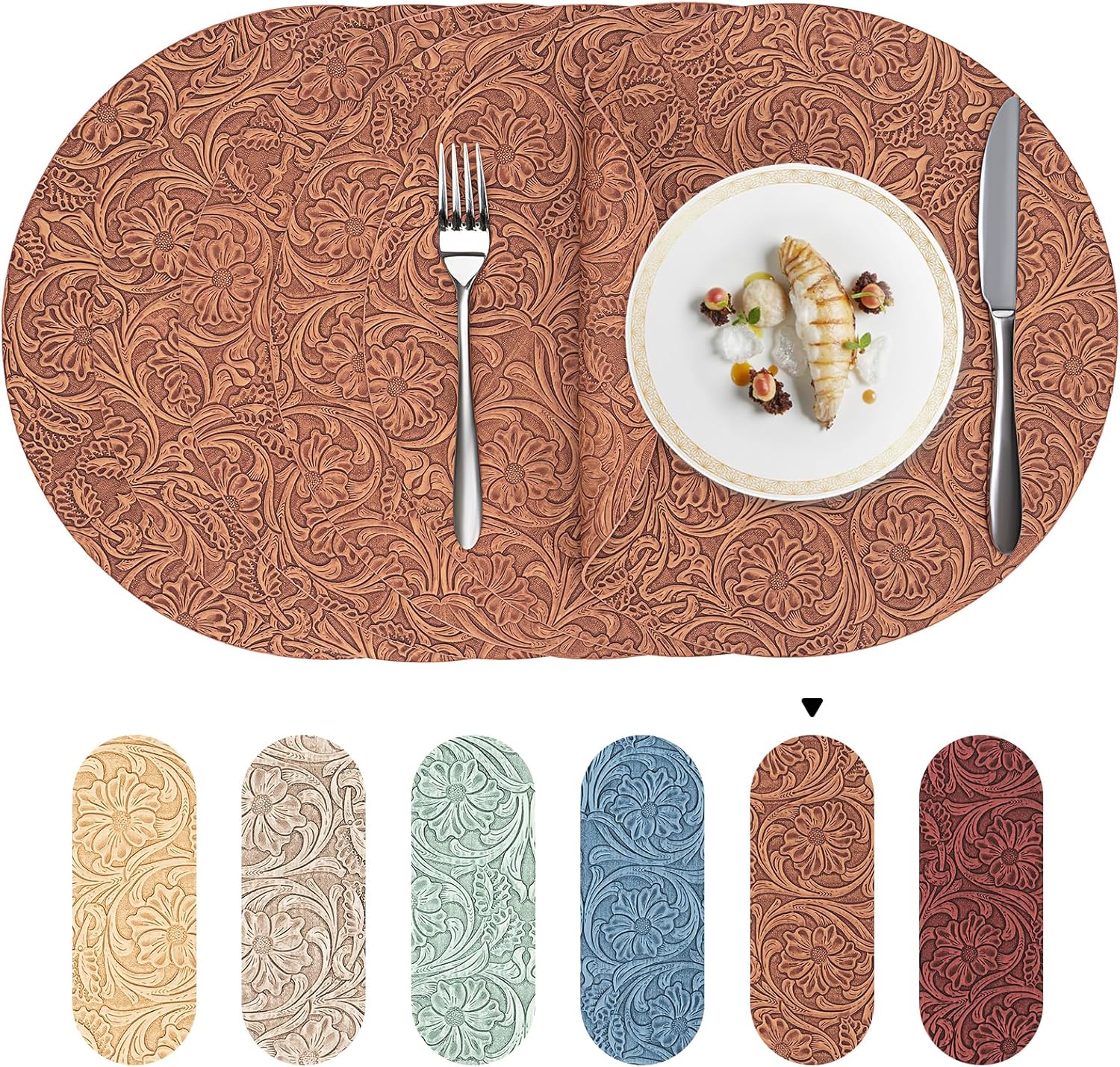 Faux Leather Round Placemats with Vinyl Surface – Heat Resistant, Wipeable Dining Table Placemats for Kitchen or Small Tables – Embossed Handmade Design – Individuales Redondos