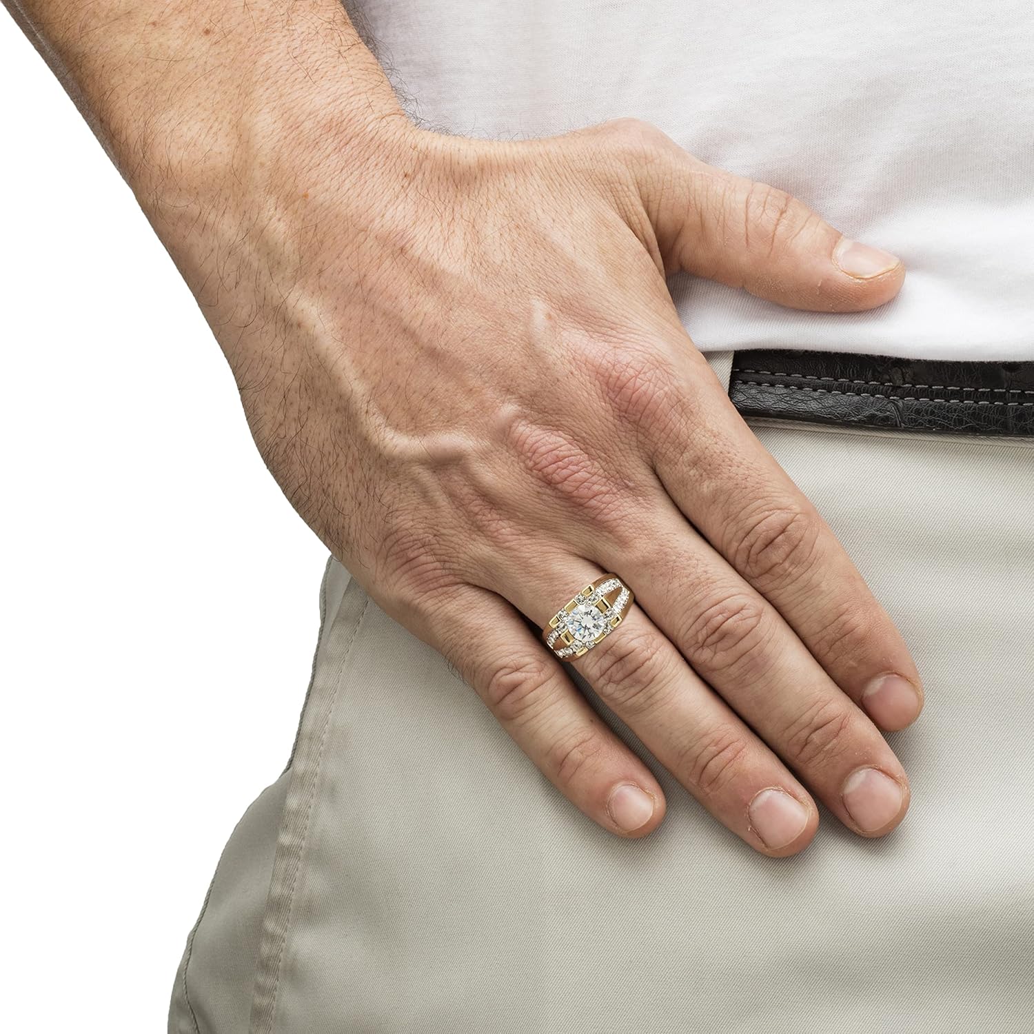 PalmBeach Men's Yellow Gold-Plated Round Cubic Zirconia and Round Simulated Crystal Grid Ring Sizes 8-13 - Image 3