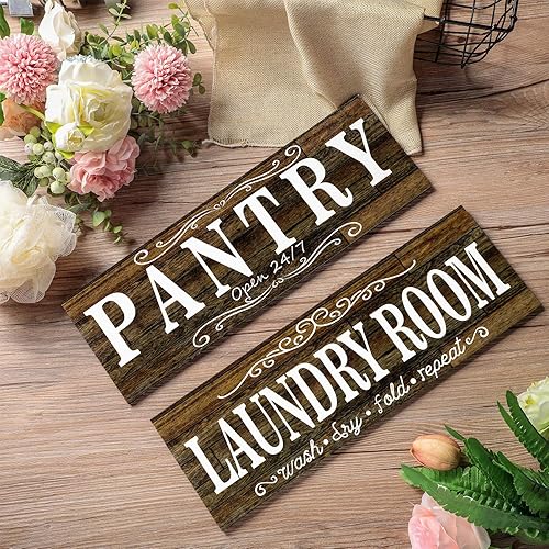 Miniatura 7 de Jetec 2 letreros de madera para despensa para cuarto de servicio, decoración de pared, casa de campo, lavandería, despensa, puerta, para cocina,