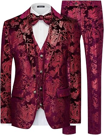 MAGE MALE Mens Suits Dress Floral Tuxedo Slim Fit 3 Piece Suit 2 Button Prom Party Blazer Vest Pants Set with Bow Tie