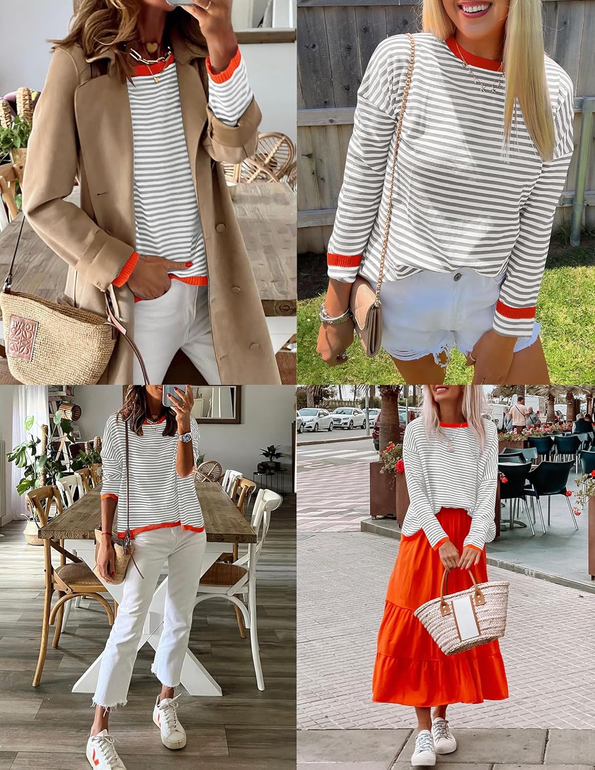 ZESICA Women's Fall Striped Sweaters Long Sleeve Crew Neck Shirts Color Block Lightweight Pullover Tops Grey Small - Image 4