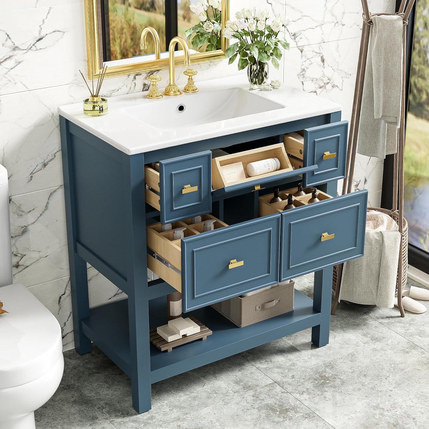 Bathroom Vanity,30'' Freestanding Single,Set w/Ceramic Sink,5-Drawer Solid Wood Storage Cabinet,Space-Saving Modern Design with Sliding Drawer & Adjustable Shelve for Bathrooms Organization,Blue