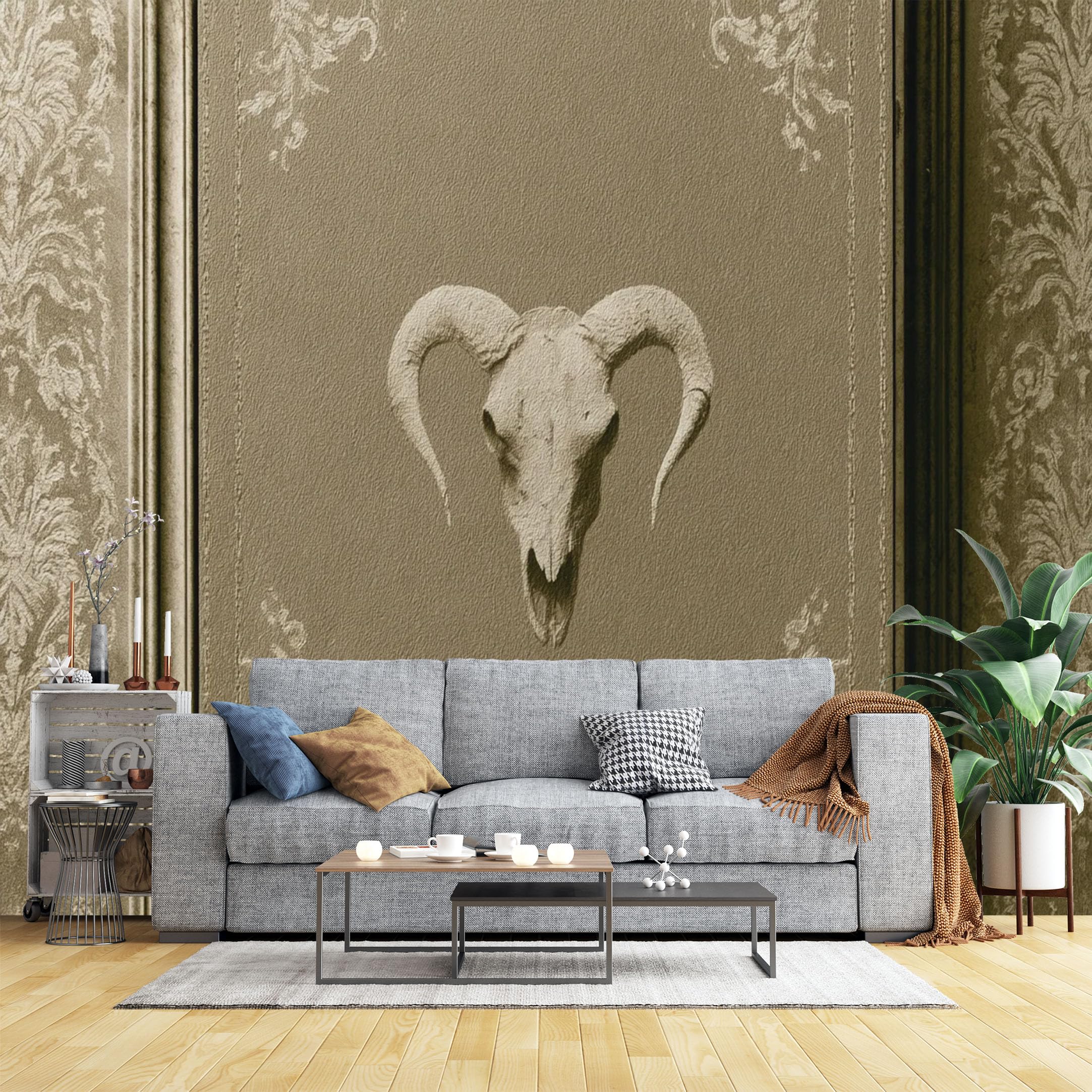 Custom Size Wall Murals Vintage Ram Skull on Ornate Background Wall Murals Gothic Art Wallpaper, Large Photo Wallpaper Self-Adhesive Removable Wallpaper for Bedroom