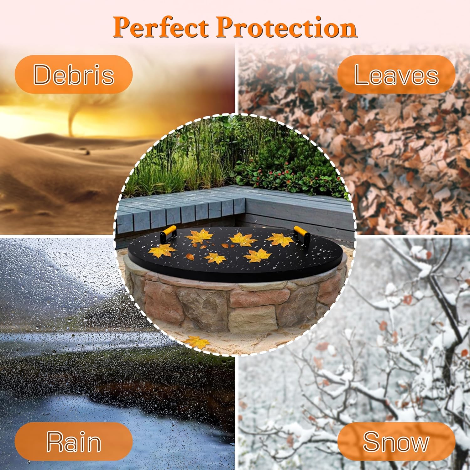 Febtech - FirePit Lid 38" - Rust Resistant Powder Coated 16 Gauge Thick Carbon Steel Fire Pit Cover Round with 2 Ergonomic Wooden Handles - Compatible for Fire Pit Inside Dia Up to 36"