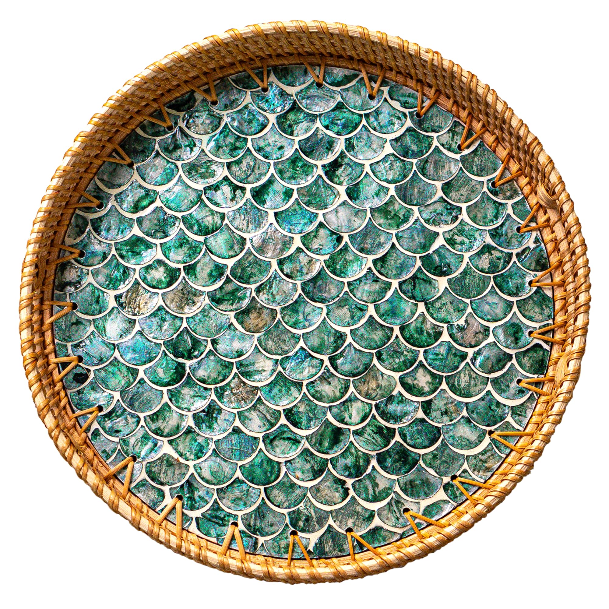 JUNGLE CULTURE Large Rattan Serving Tray 34 cm/14" with Mother of Pearl • Coastal Boho Collection • Handmade Serving Tray with Handles • Round Woven Table Trays for Home • Wicker Basket – Cascade