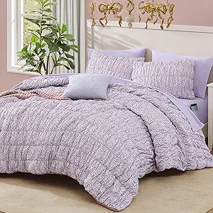Full Size Comforter Sets - 7 Pieces Puff Light Purple Floral Bedding Set for All Seasons, Shabby Chic Farmhouse Bed in a Bag Full with Floral Comforter, Sheets, Pillowcases & Shams