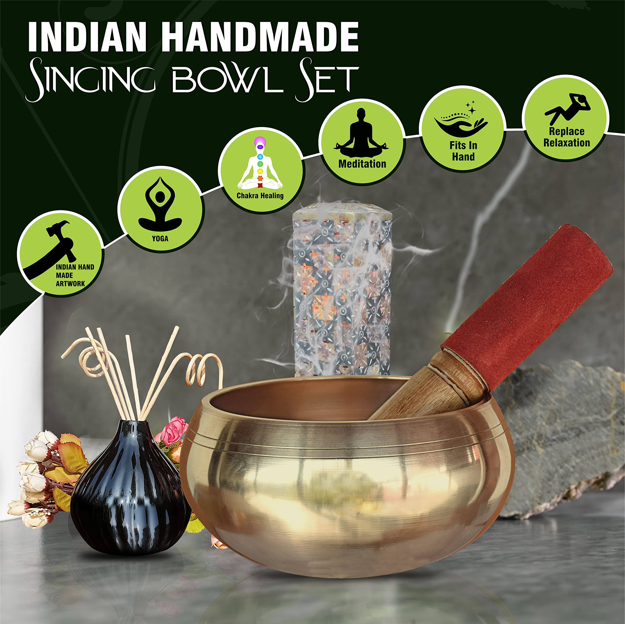 Pure Source India - 5 inches -Singing Bowl Set Singing bowl Mallet Meditation Sound Bowl Musical Instrument for Stress Relief and Meditation Music Gold 3
