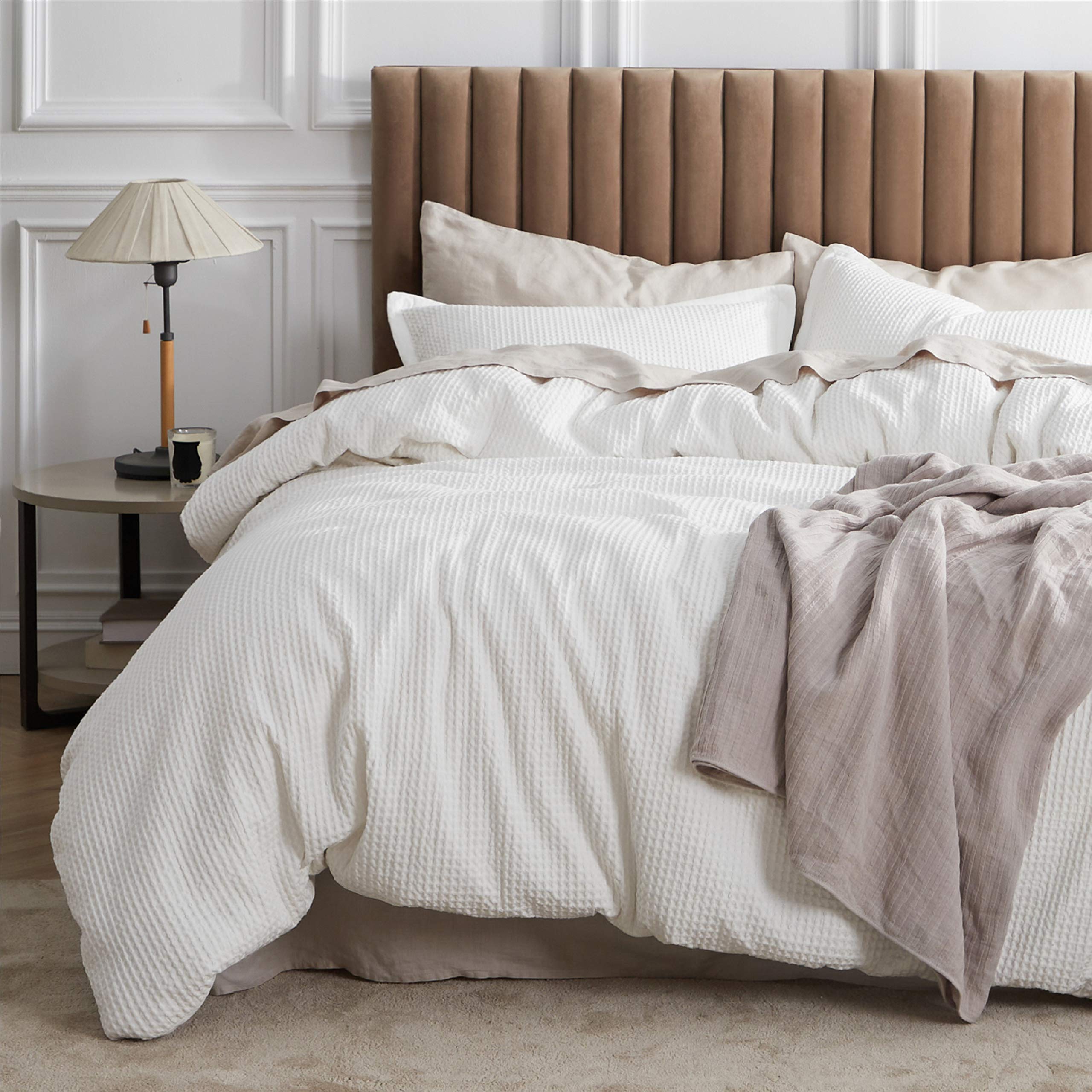 Bedsure Cotton Duvet Cover Set - 100% Cotton Waffle Weave Coconut White Duvet Cover Queen Size, Soft and Breathable Queen ...