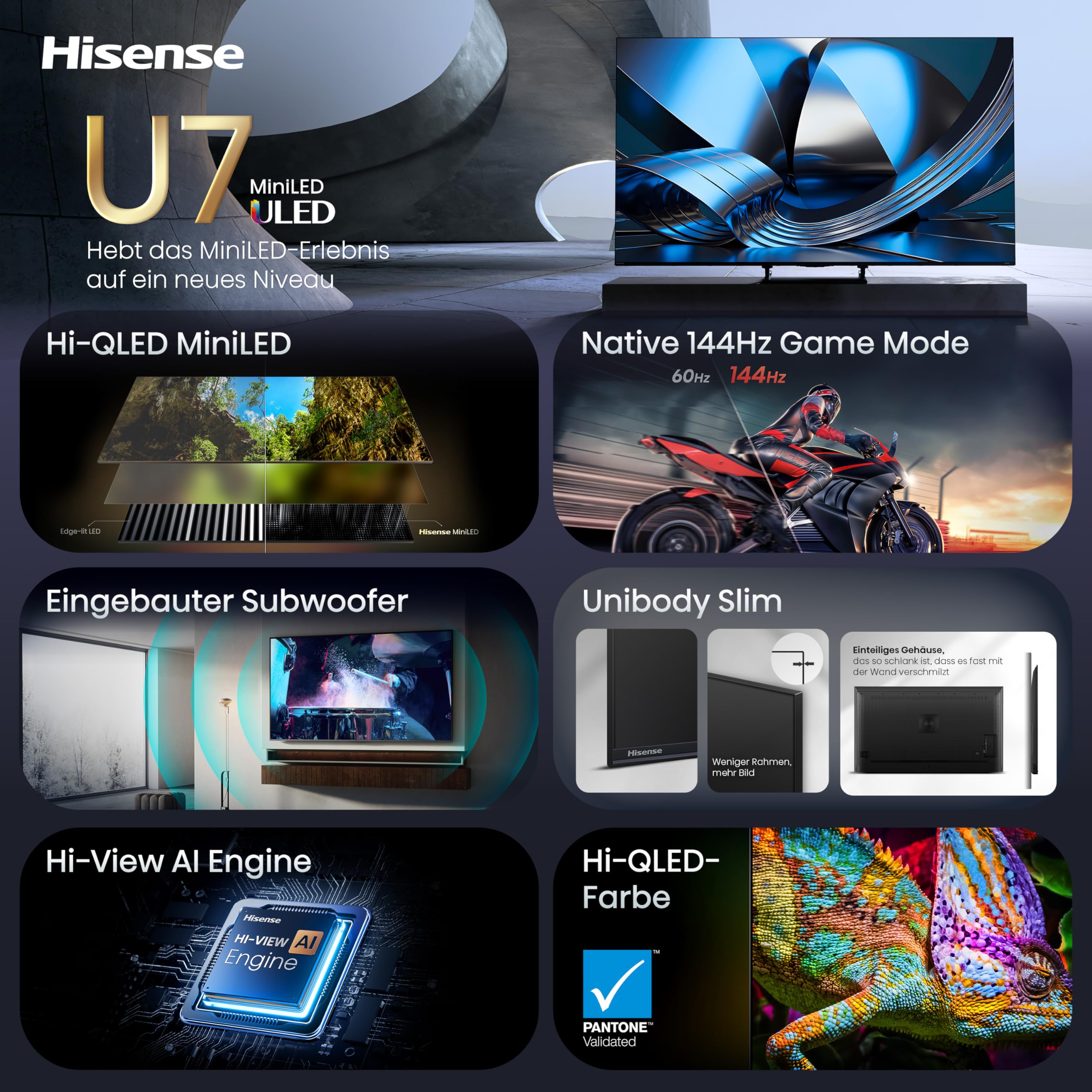 Hisense 55U7DSE Fernseher 55 Zoll, 4K UHD, Hi-QLED Mini LED, Smart TV, 144Hz, Hi-View AI Engine, IMAX Enhanced, AI Lichtsensor, Dolby Vision.Atmos, Tuned by DeVialet, FreeSync Premium Pro [2026]