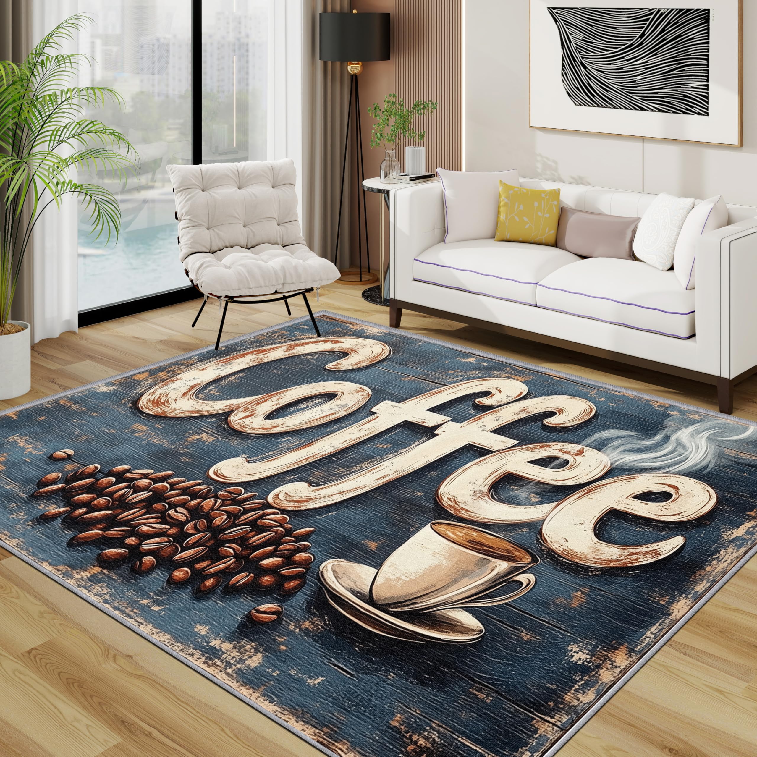 TerroVee Coffee Rugs Living Room Large 200x300 - Vintage Distressed Bedroom Rug, Cafe Kitchen Washable Non Slip Low Pile Carpet, Coffee Home Decor