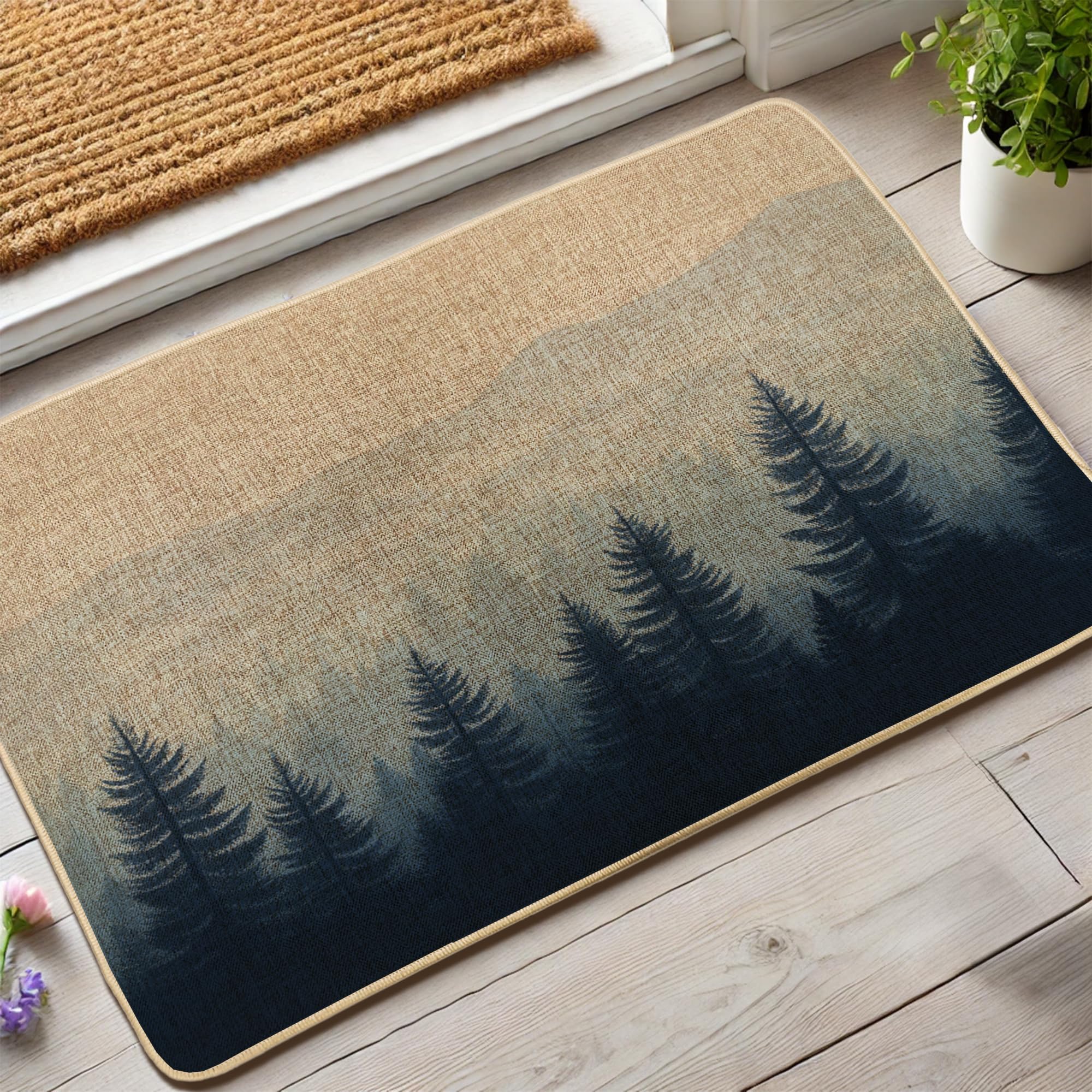Mountain Landscape Doormat, Earthy Beige and Dark Green Decor for Outdoor & Indoor Entrance, Rustic Style, Rubber Waterproof Non-Slip Dust Absorbing