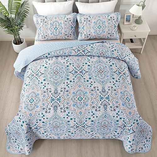 Juego de edredón bohemio azul bohemio tamaño King de 3 piezas, juego de edredón ligero y suave de microfibra bohemia con fundas de almohada para