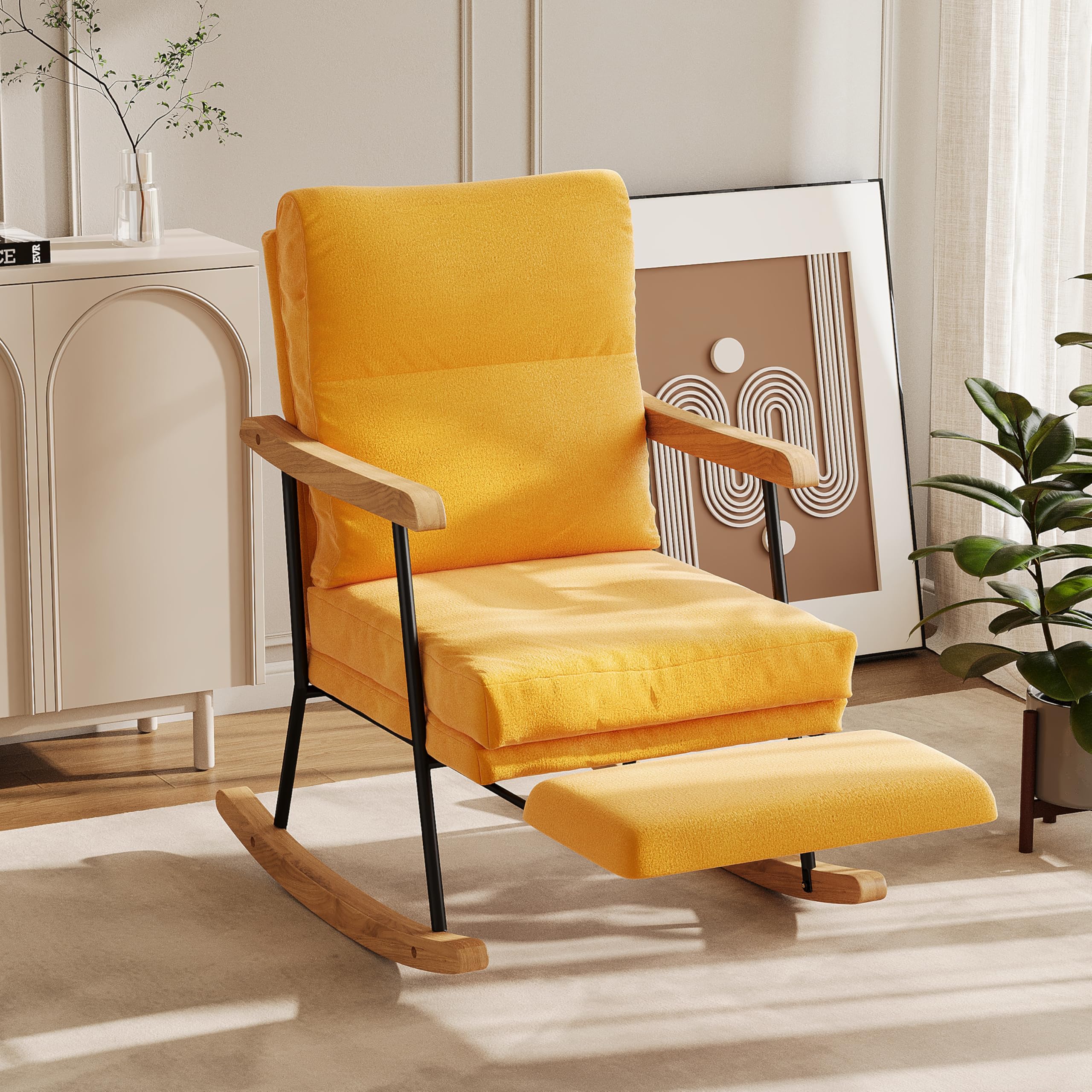 KeepGoon Chaise à Bascule, Fauteuil à Bascule avec Dossier, Repose-Pieds Coulissant, Fauteuil de Relaxation, pour Salon, Chambre à Coucher, Tissu en Coton et Lin (Jaune)