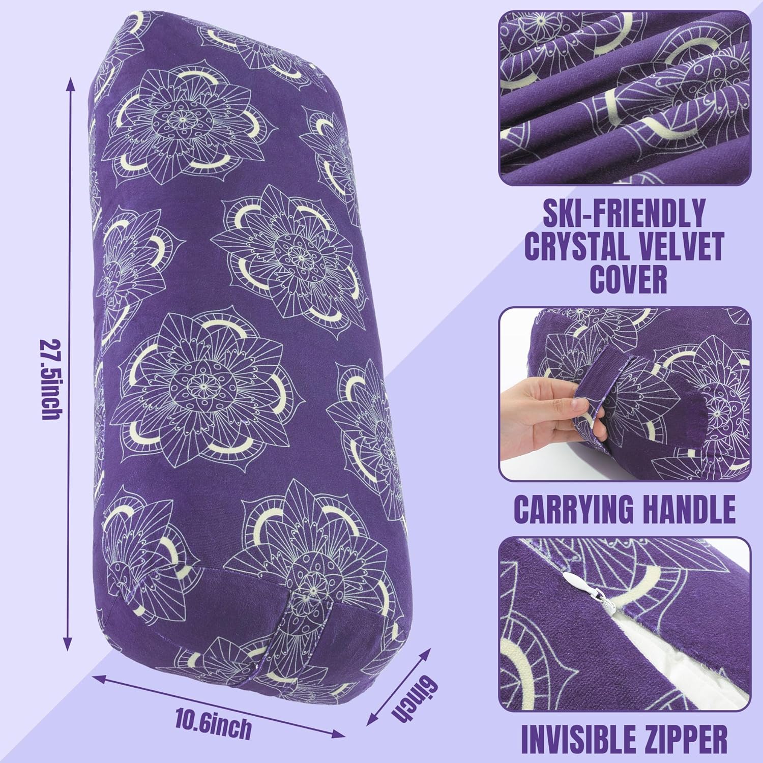 MABOZOO Yoga Bolster Pillow, Rectangular Yoga Bolster for Restorative & Meditation, Professional Meditation Cushion with Carry Handle 25 inch Purple