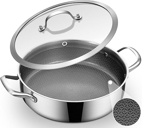 Inqibee - Sartén híbrida de 5 QT de acero inoxidable con revestimiento cerámico de tres capas sin adherencia con tapa, olla de cocina de inducción,