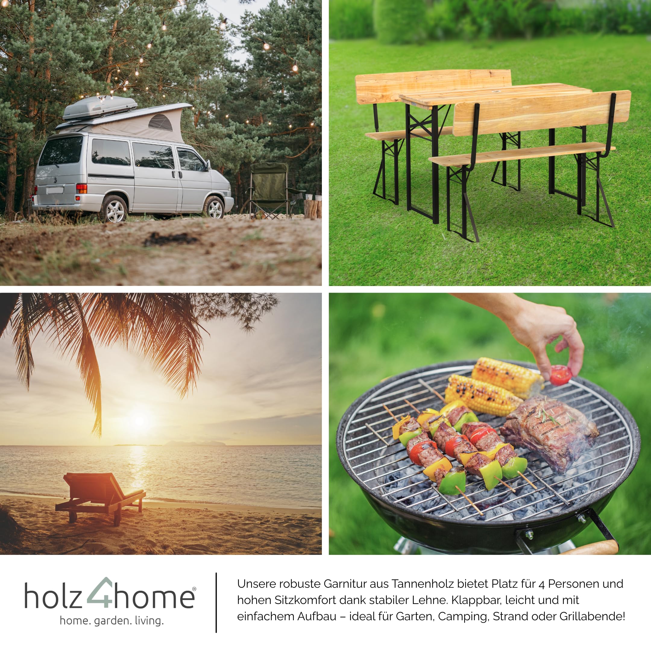 holz4home® Bierzeltgarnitur 3-teilig aus Holz mit Lehne I Bierbankgarnitur mit Tisch und 2 Bänken I Festzeltgarnitur mit Wandhalterung & Bodenheringe I Sitzgarnitur inkl. Flaschenöffner
