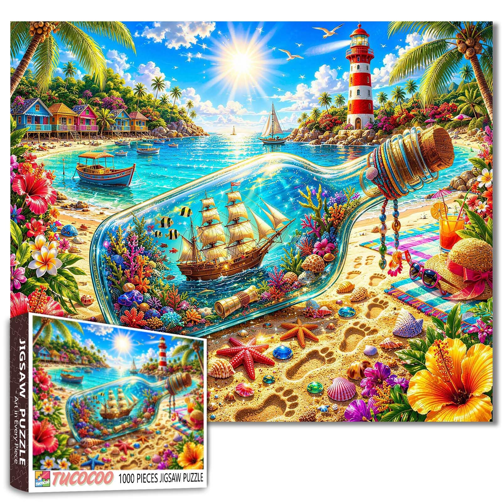 Tropical Beach Puzzle Ship in a Bottle Jigsaw 1000 Piece Puzzles for Adults and Beginner Lighthouse Puzzles Challenging Family Activity Games Colorful DIY Craft for Home Decor Gifts 20×27 Inches — image 1