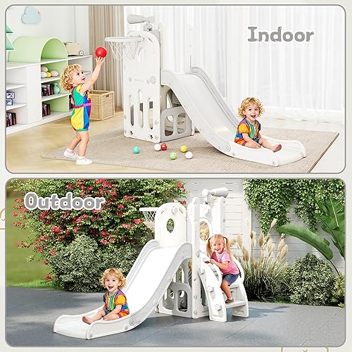 Miniatura 7 de Tobogán 6 en 1 para niños de 1 a 3 años, para interiores y exteriores, con aro de baloncesto, almacenamiento, escalador y telescopio, tobogán en