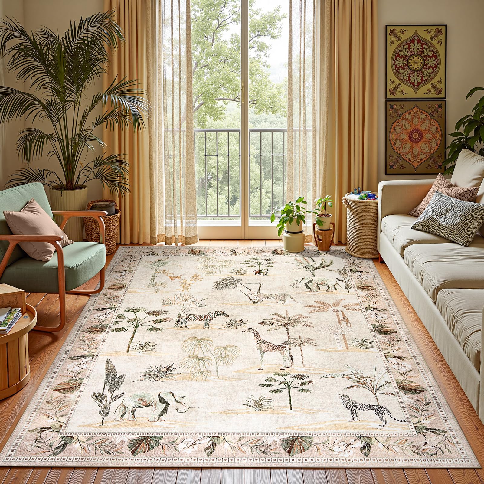 jinchan Jungle 5x7 Beige Animals Print Living Room Rug, Machine Washable Soft Ultra-Thin Non-Slip Area Rug, Throw Carpet for Bedroom Kids Playroom