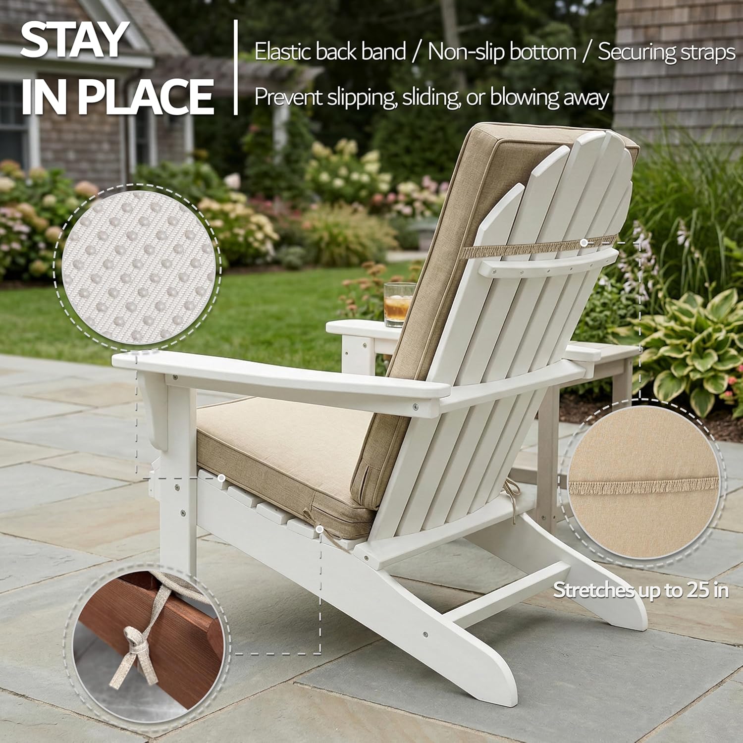 Adirondack Chair Cushions Set of 2 - Removable Covers, Water-Repellent & Fade-Resistant Faux Linen, Securing Straps, Non-Slip Bottom, Fit for Most Outdoor Adirondack & Rocking Chairs - Nature