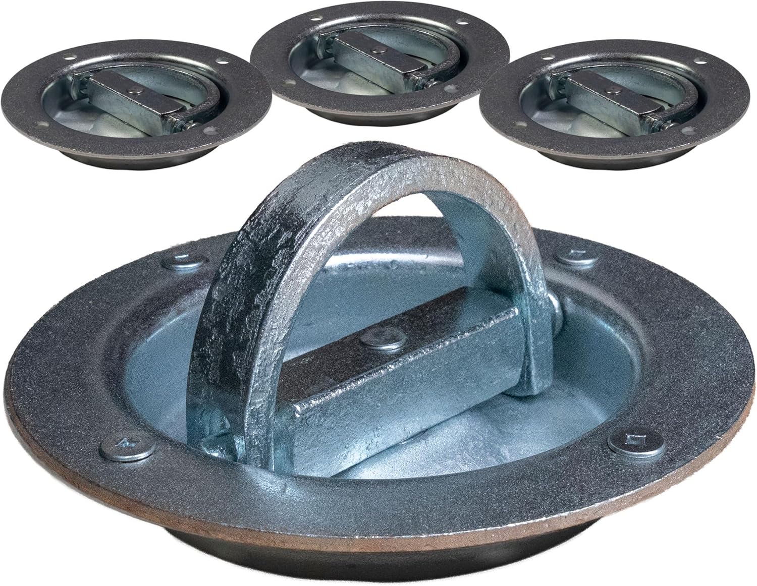 US Cargo Control Recessed D-Ring Rotating Pan Fittings (4-Pack), 6,000 LBS Break Strength, Swivels 360 Degrees, Zinc-Plated 6-Inch Recessed Tie Down Anchors for Trailers and Flatbeds