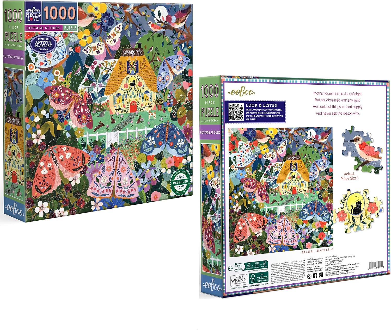 eeBoo 1000 Piece Puzzle - Cottage at Dusk Jigsaw Puzzle for Adults, Square 23" x 23" Made with Recycled Board & Vegetable-Based Ink
